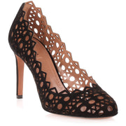 Black suede laser-cut pump