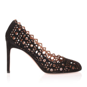 Black suede laser-cut pump