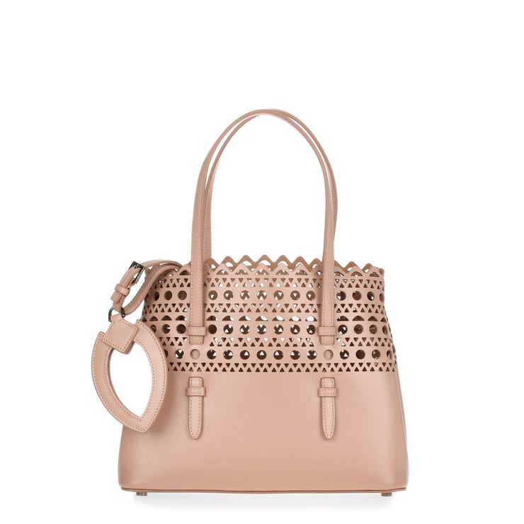 Beige leather laser-cut small tote