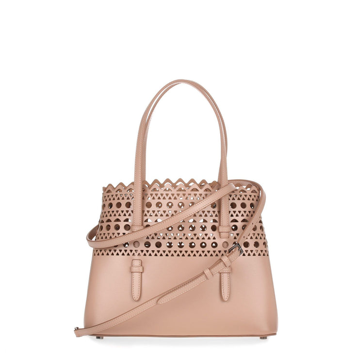 Beige leather laser-cut small tote