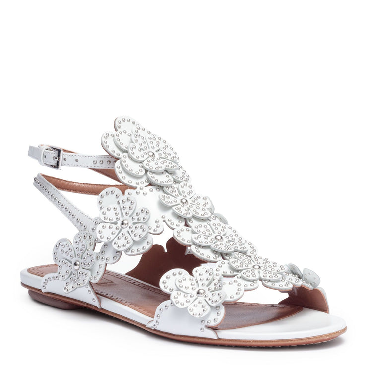 White leather floral flat sandals