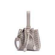 Grey leather laser-cut bucket bag