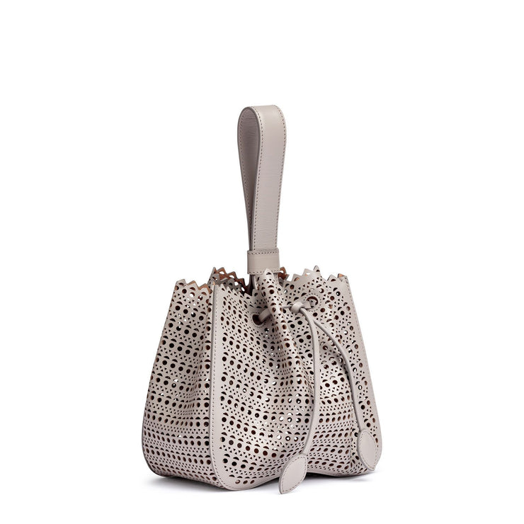 Grey leather laser-cut bucket bag