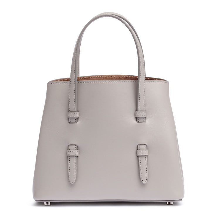 Grey leather mini tote with studded floral strap