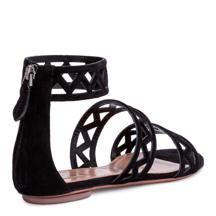 Black suede laser-cut flat sandals