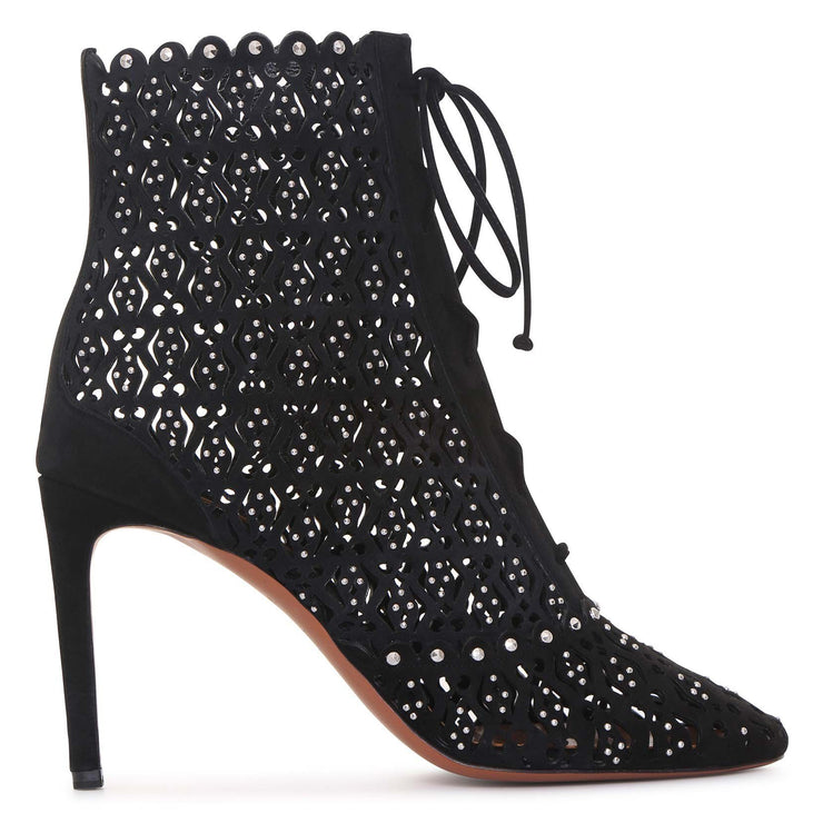 Black laser cut lace-up ankle boots
