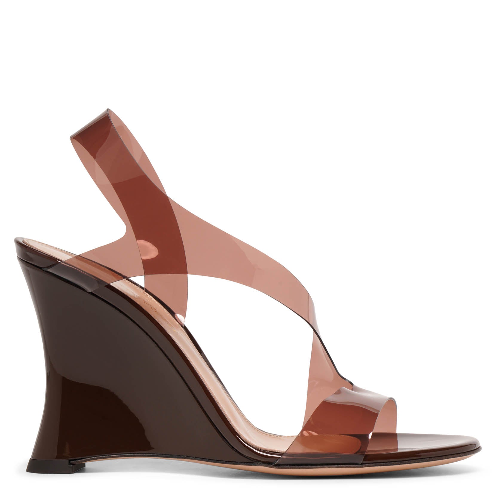 Gianvito Rossi | Metropolis-100-brown-pvc-wedge-sandals | Savannahs
