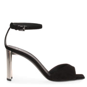 Black suede metallic heel sandal