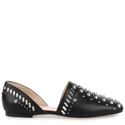 Globe studded black leather flat