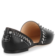 Globe studded black leather flat