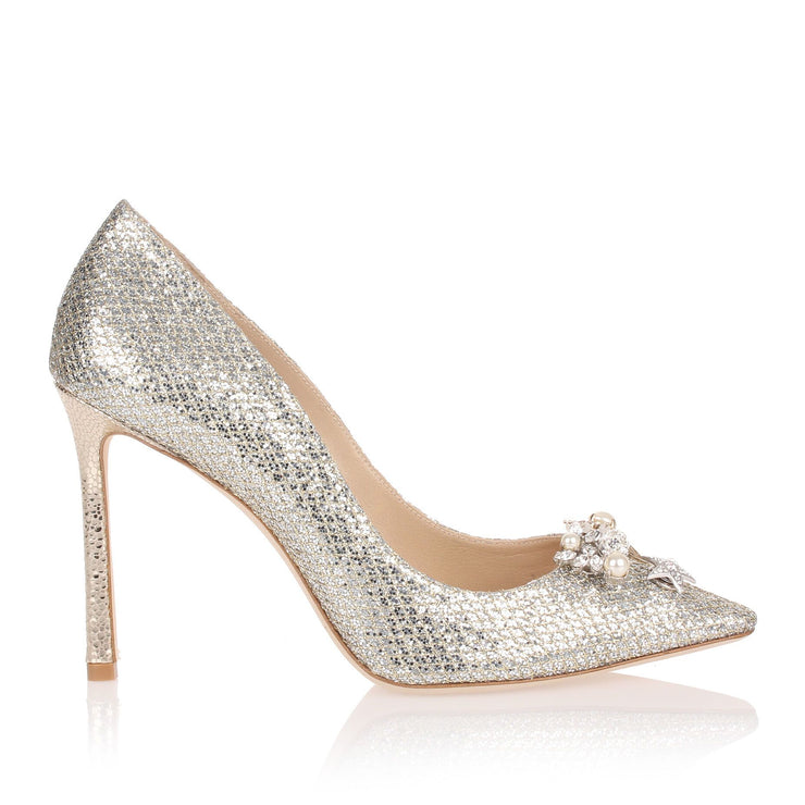 Jasmine champagne glitter pump with jewelled buttons
