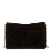 Black suede crystal logo clutch