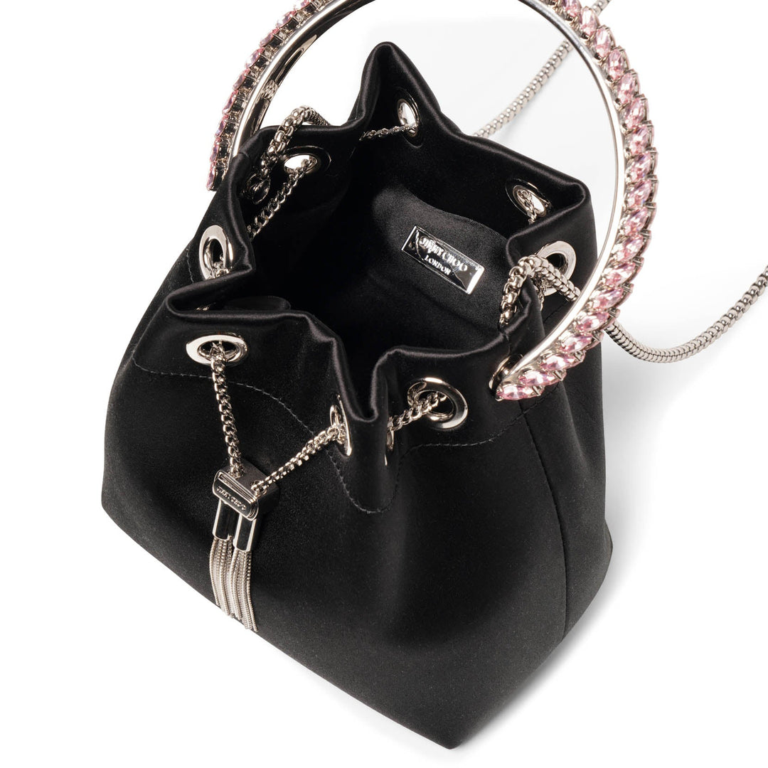 JIMMY CHOO★Bon Bon★クリスタル ブラック サテン ハンドバッグ クリスタルハンドル付き Black サテン・ドローストリングバッグ