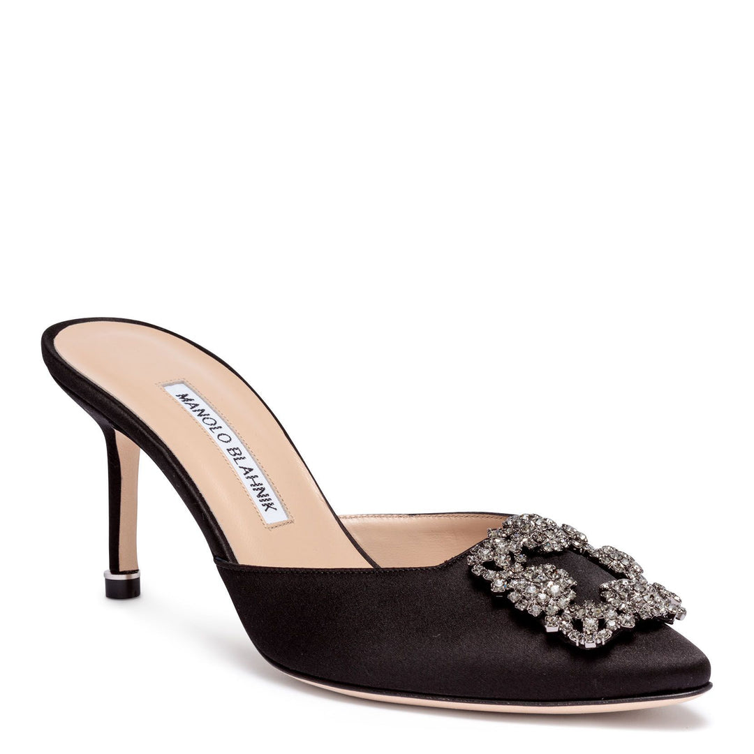Manolo Blahnik | Hangisimu 70 black satin mules | Savannahs