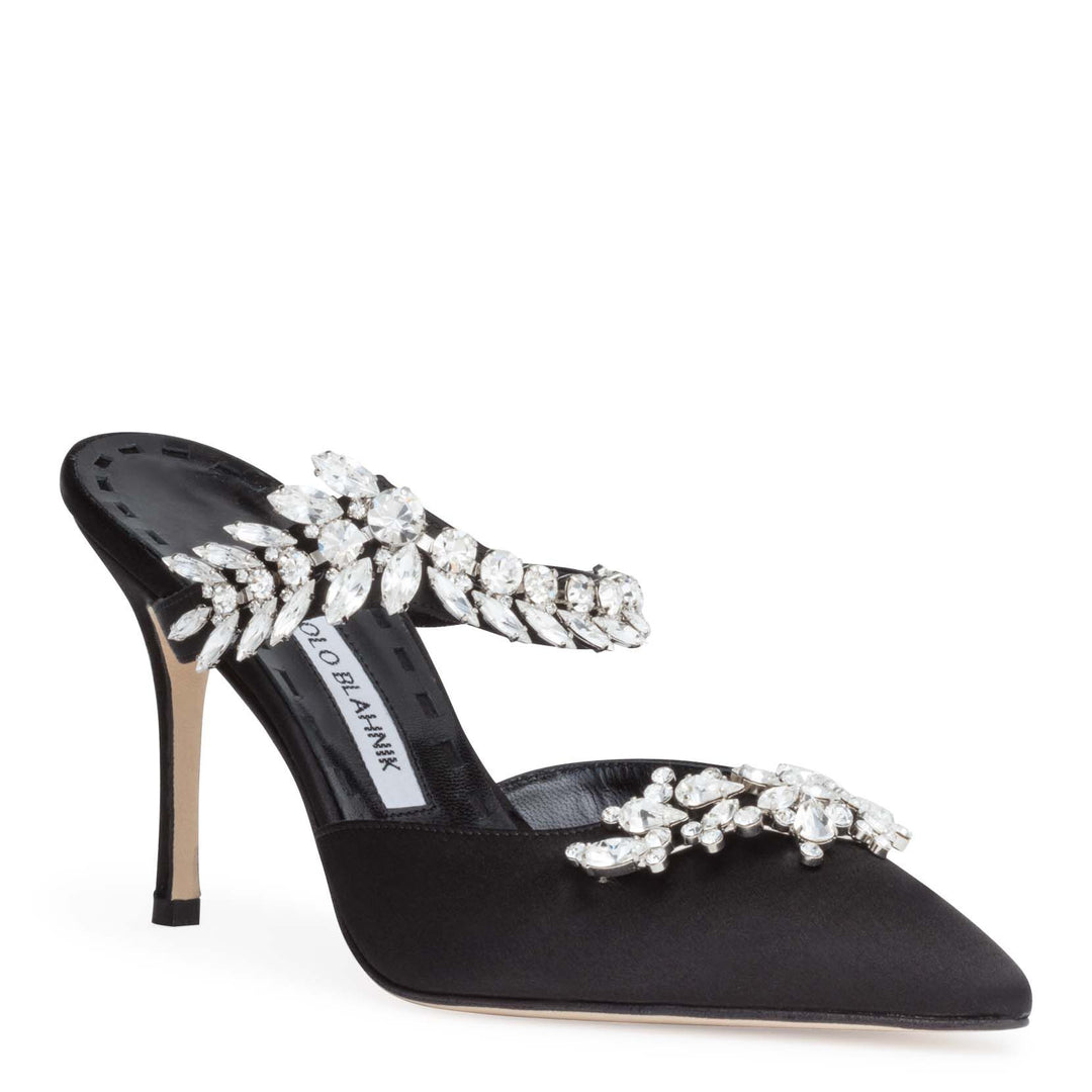Manolo Blahnik | Lurum 90 satin black mules | Savannahs