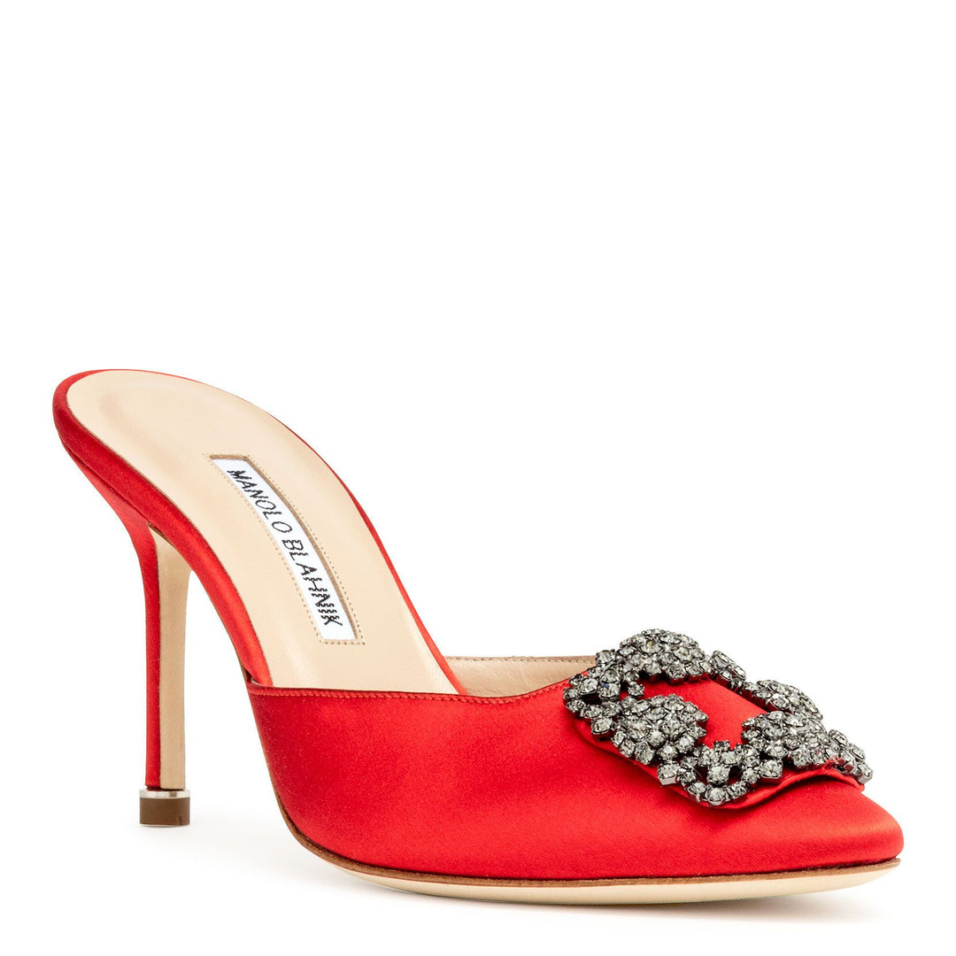 Manolo Blahnik | Hangisimu 90 red satin mules | Savannahs