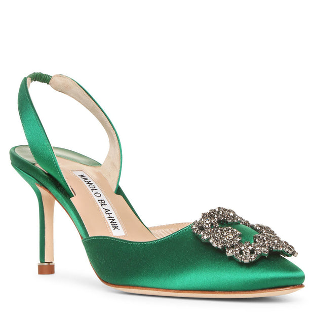 Manolo Blahnik | Hangisli 70 emerald satin slingback pumps | Savannahs