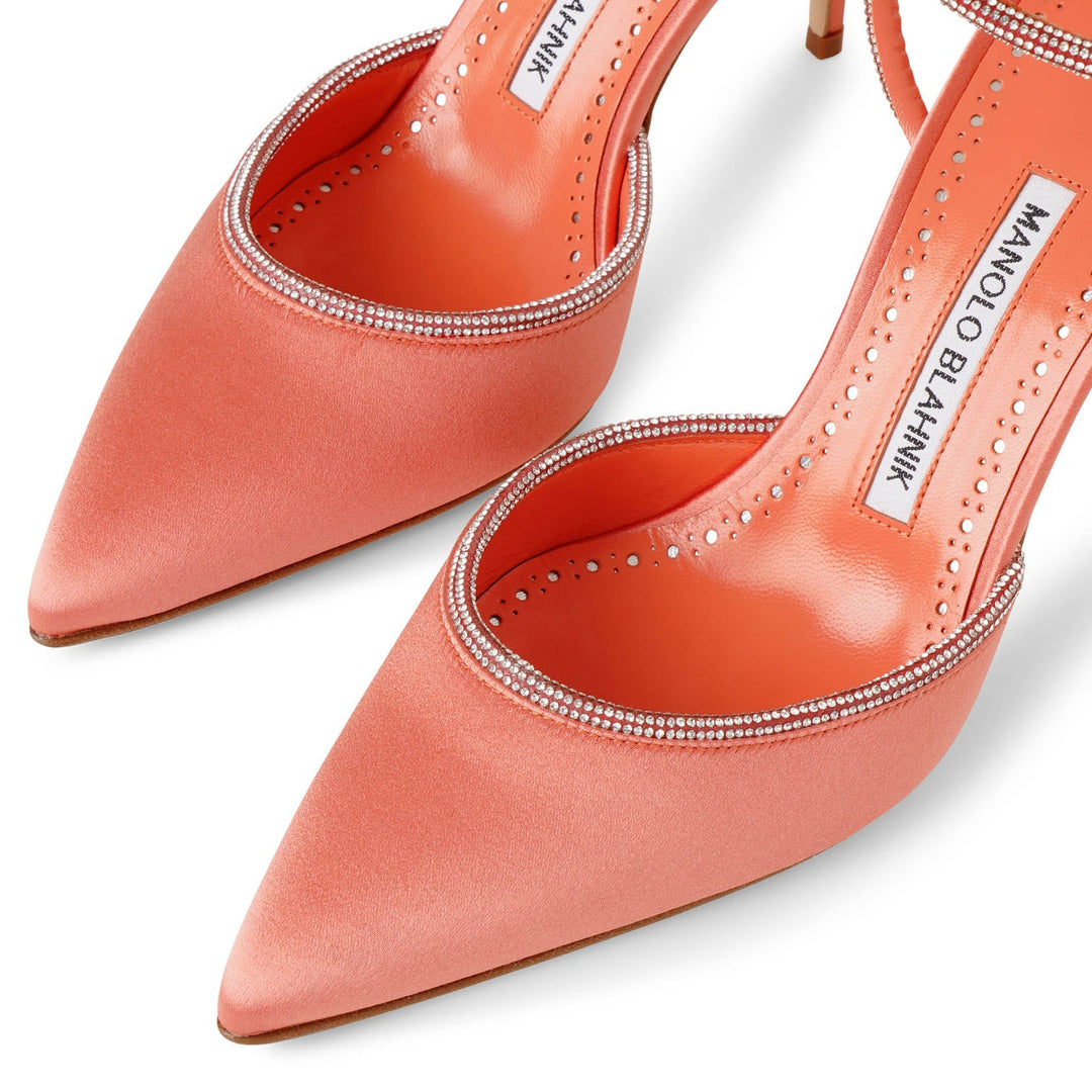 Manolo Blahnik | Narcona 90 coral satin jewel pumps | Savannahs