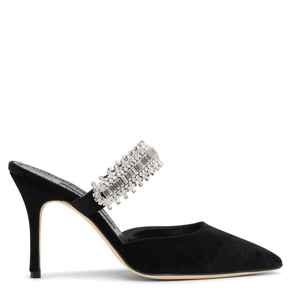 Manolo Blahnik | Lutara 90 black velvet mules | Savannahs