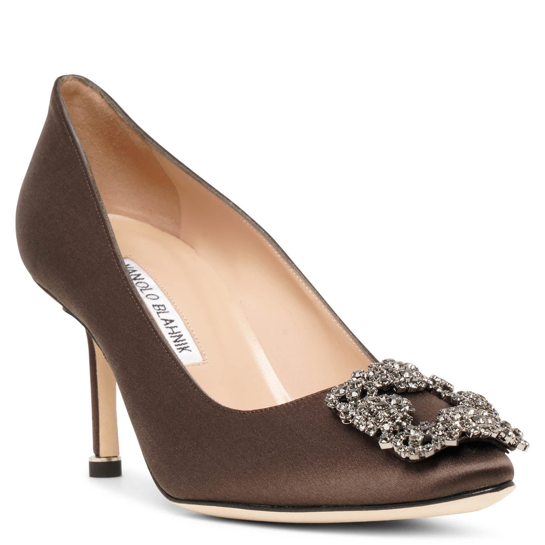 Manolo Blahnik | Hangisi 70 dark brown satin pumps | Savannahs