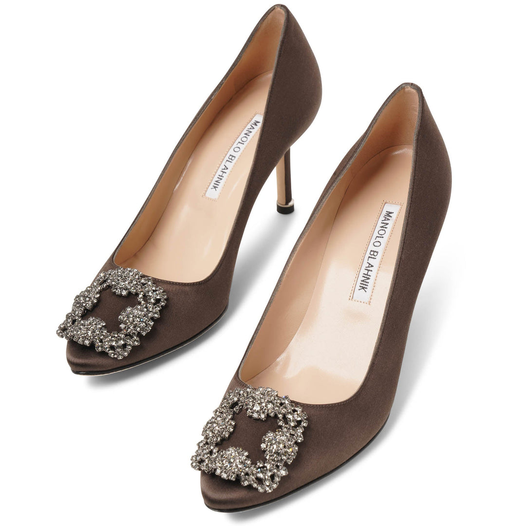 Manolo Blahnik | Hangisi 70 dark brown satin pumps | Savannahs