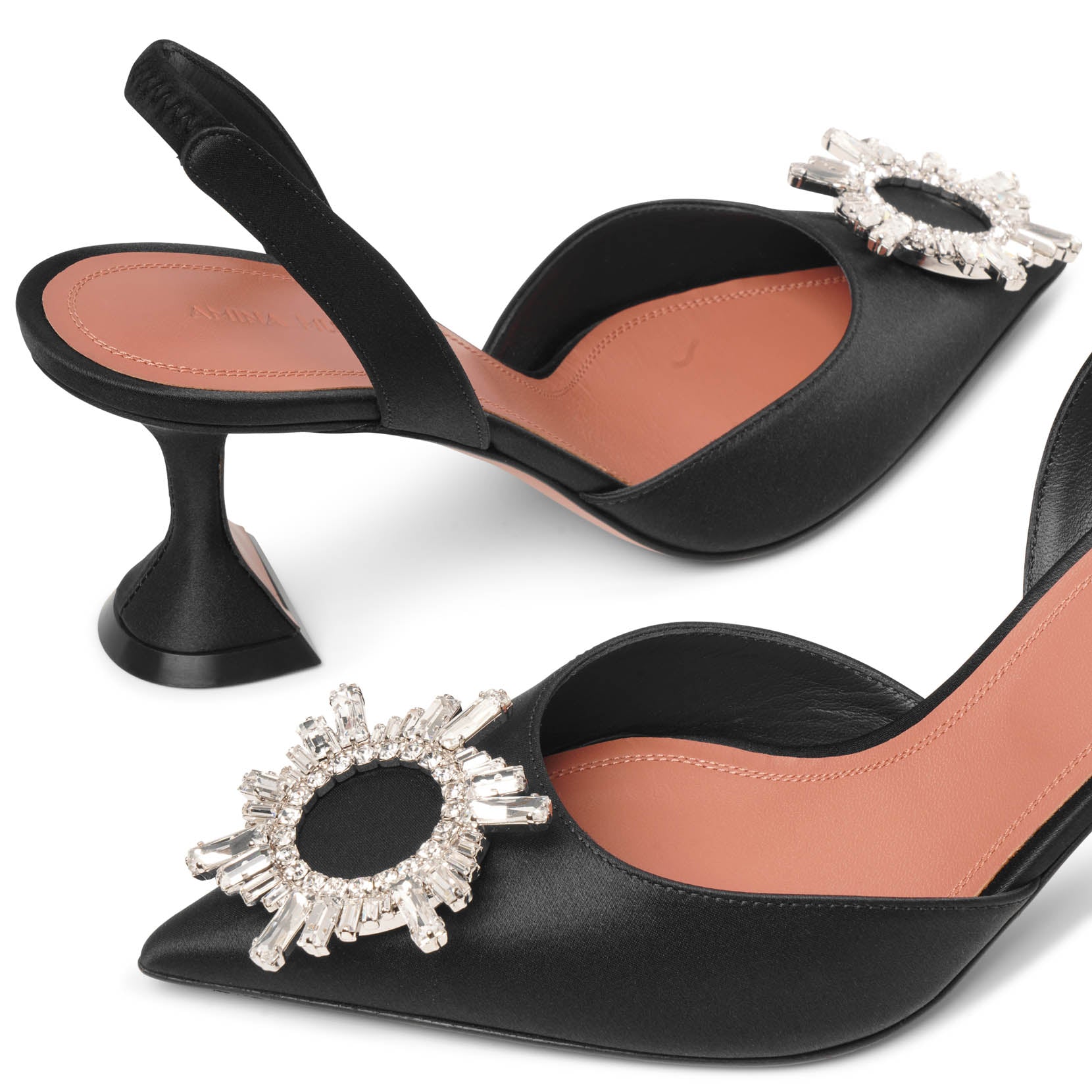 Begum sling 70 crystal embellished black satin pumps