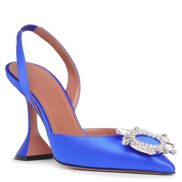 Amina Muaddi | Begum sling crystal embellished blue satin pumps | Savannahs