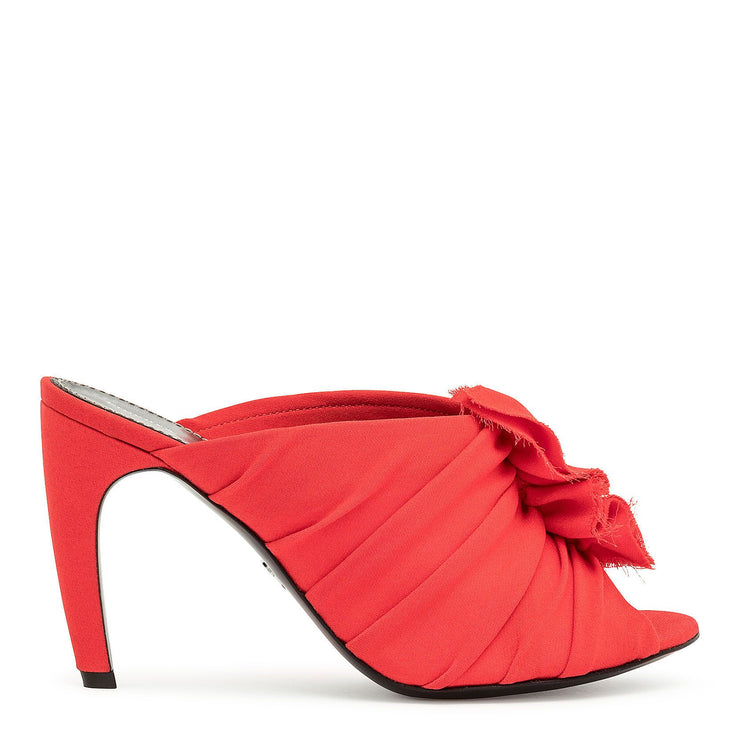 Red ruched curved heel mules