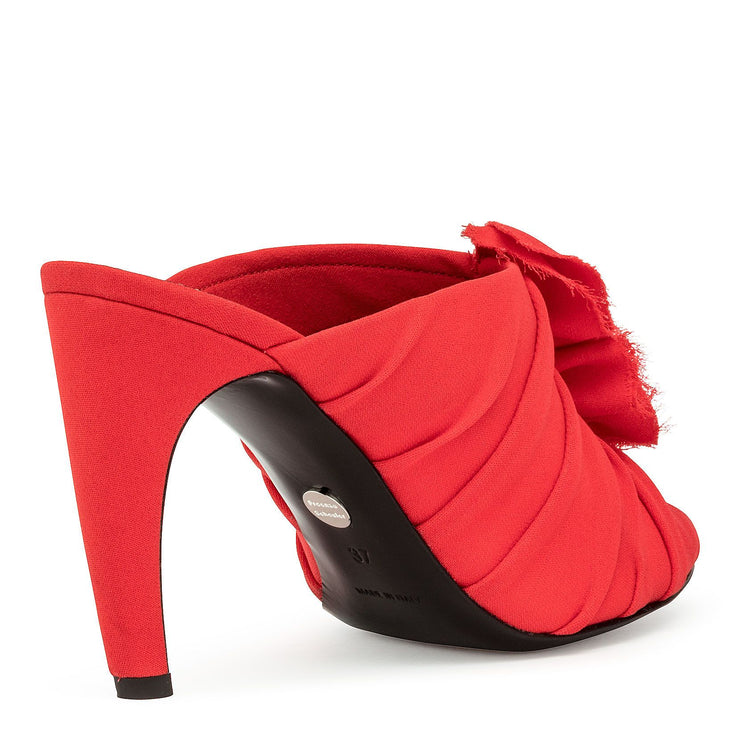 Red ruched curved heel mules