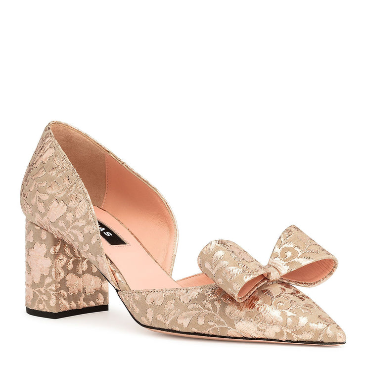 Pointy brocade bow pumps