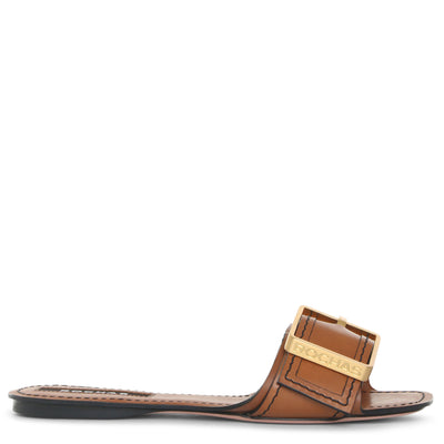 Natural leather buckle mule flats