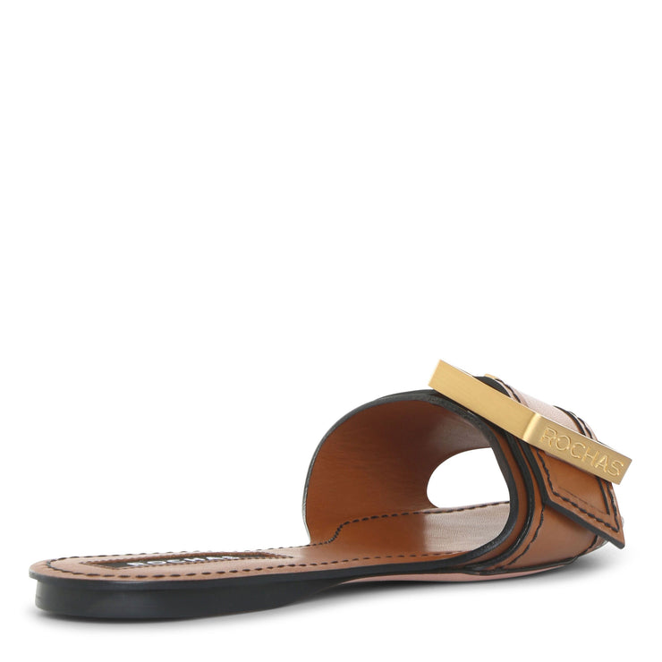 Natural leather buckle mule flats
