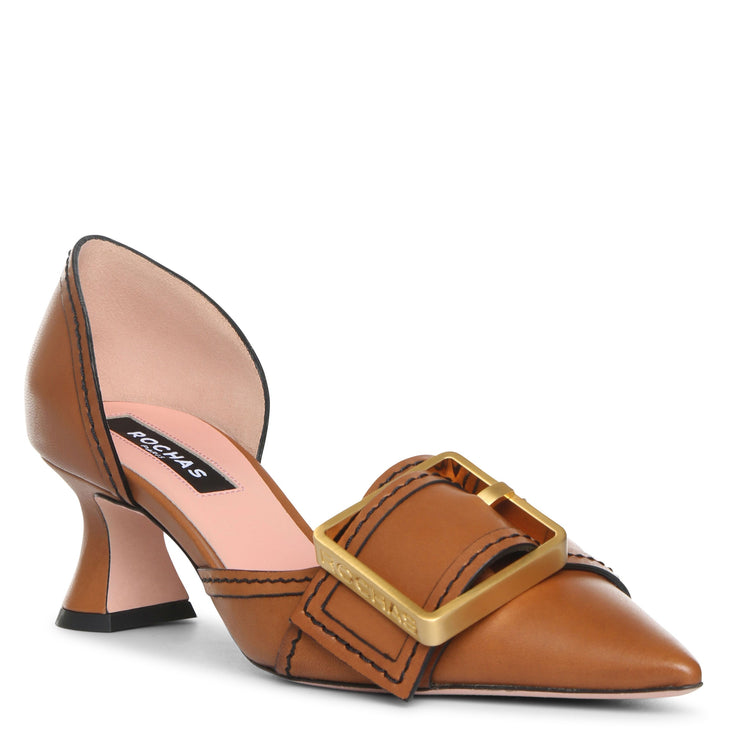 Natural leather buckle pumps