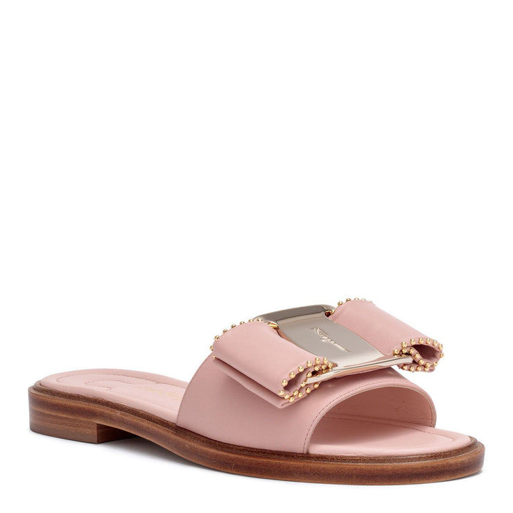 Isera pink leather studded bow slide sandals