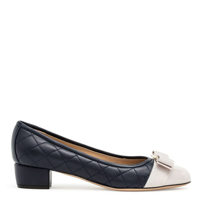 Vara quilted navy leather off white jasmine patent pumps