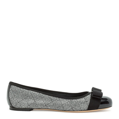 Varina quilted silver fabric black patent ballerinas