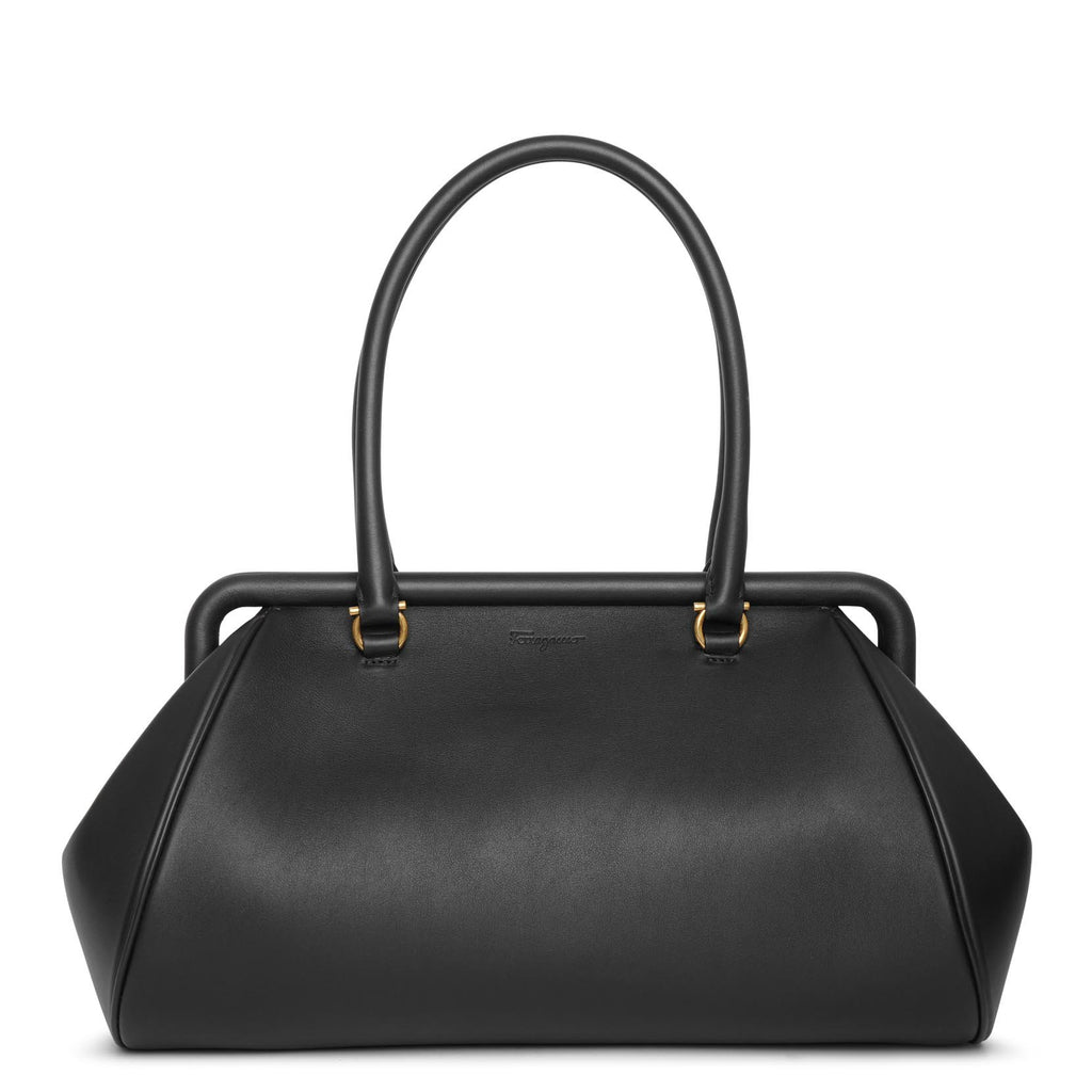 トートバッグ FERRAGAMO Black raffia and leather big shopping bag FERRAGAMO Large F. Signature Raffia & Leather Tote Bag