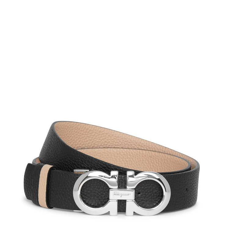 Grained leather silver buckle reversible belt