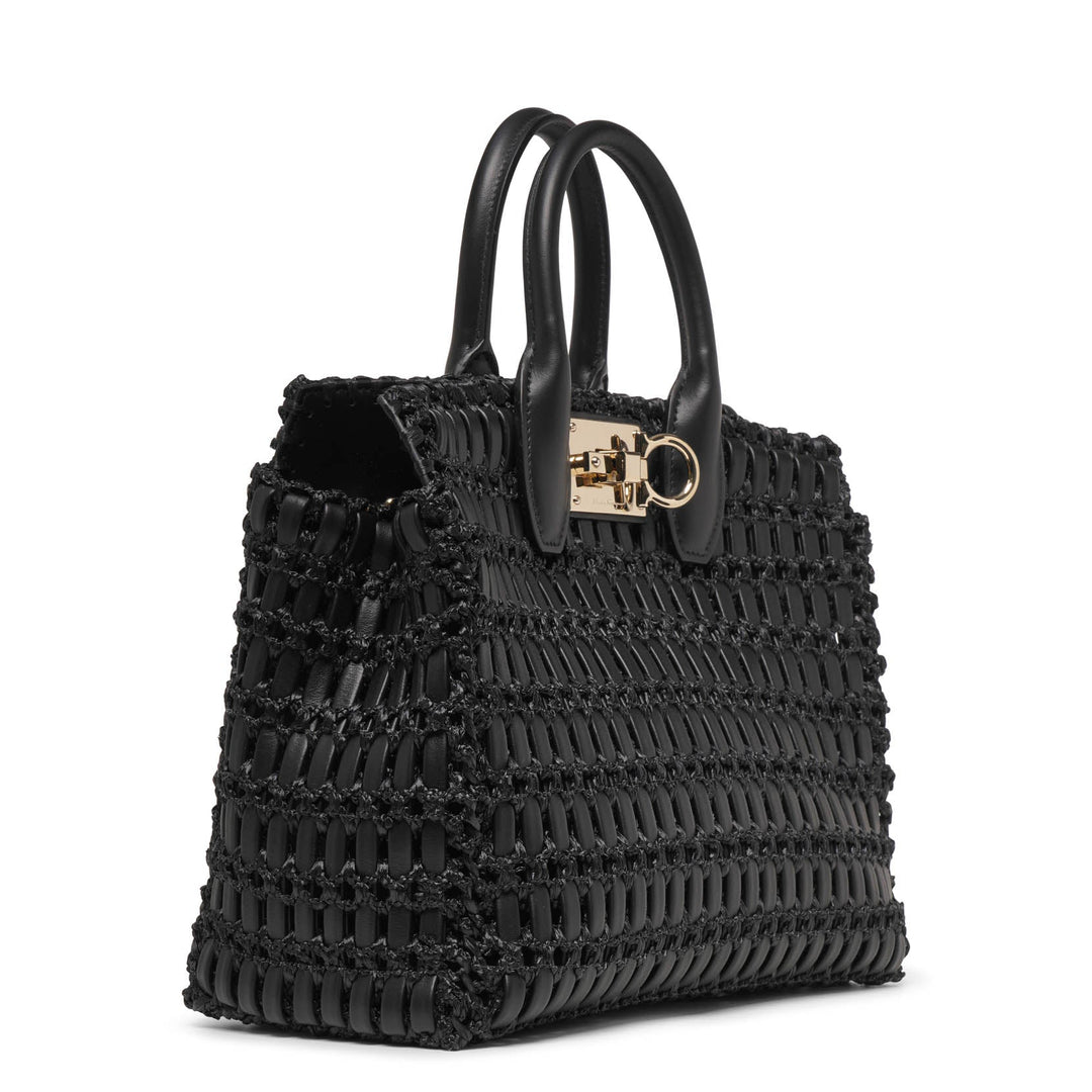 ハンドバッグ Ferragamo Ferragamo Studio L Bag In Black Ferragamo | The-Studio-black-leather-and-rafia-tote-bag