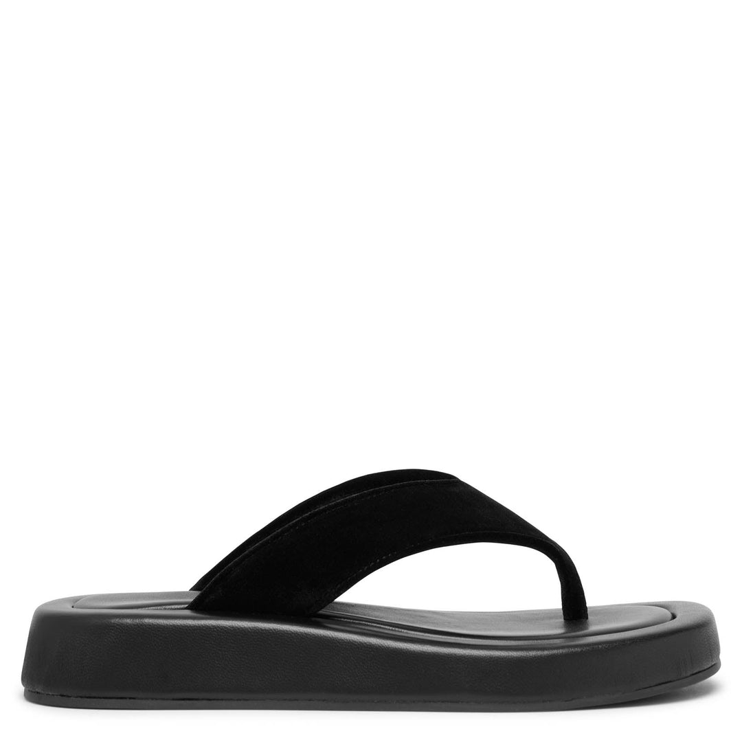 入手困難♪【The Row】Ginza Sandal in Suede Natural Black The Row | Ginza black velvet flip flops | Savannahs