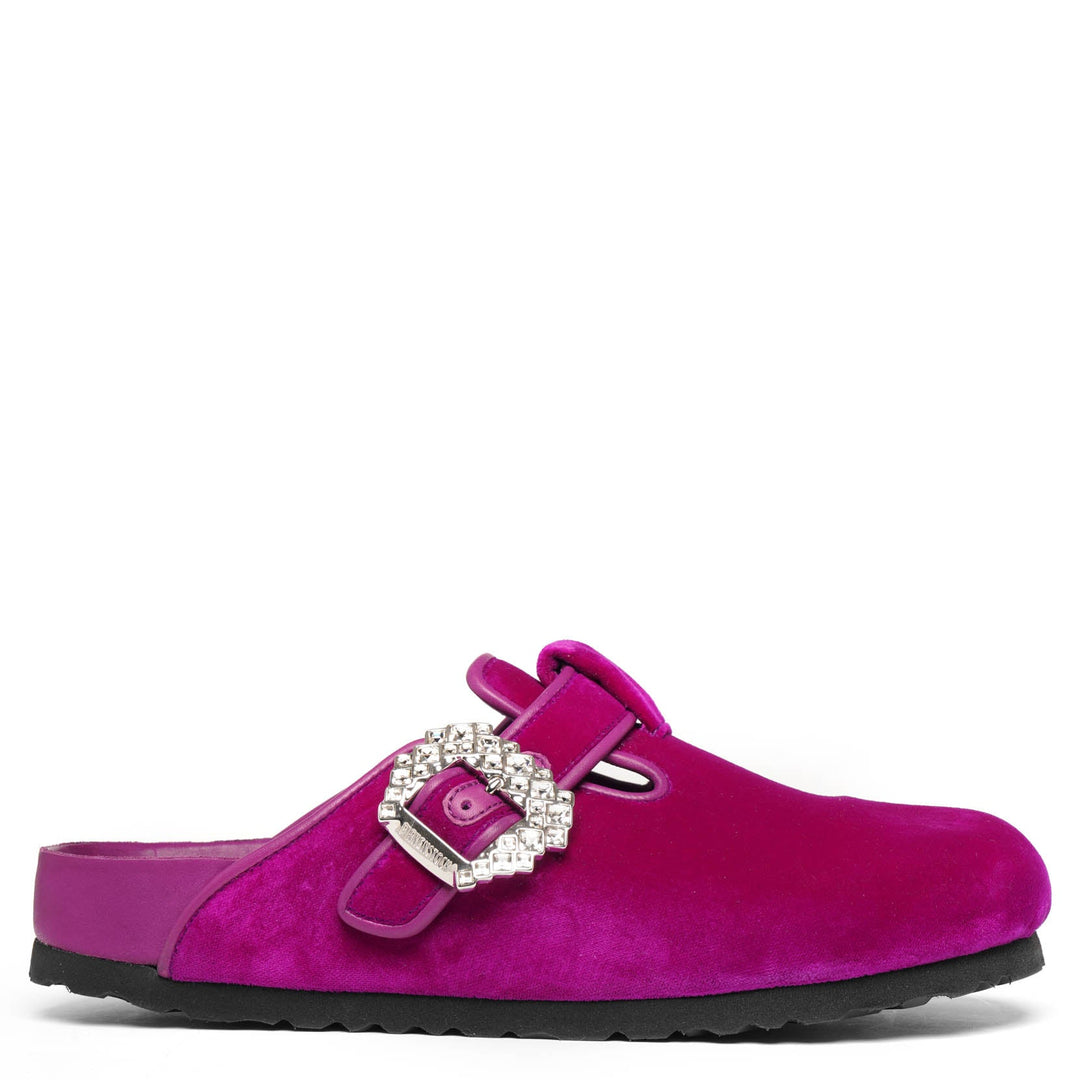 Birkenstock | Boston-crystal-buckle-fuchsia-velvet-slides