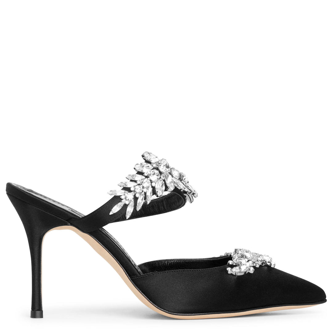 Manolo Blahnik>>ルラム 90mm サテンミュール MANOLO BLAHNIK Lurum 90 crystal-embellished satin mules